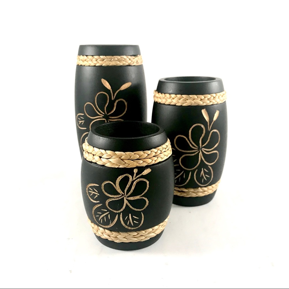 Wood candle holders hand carved floral design